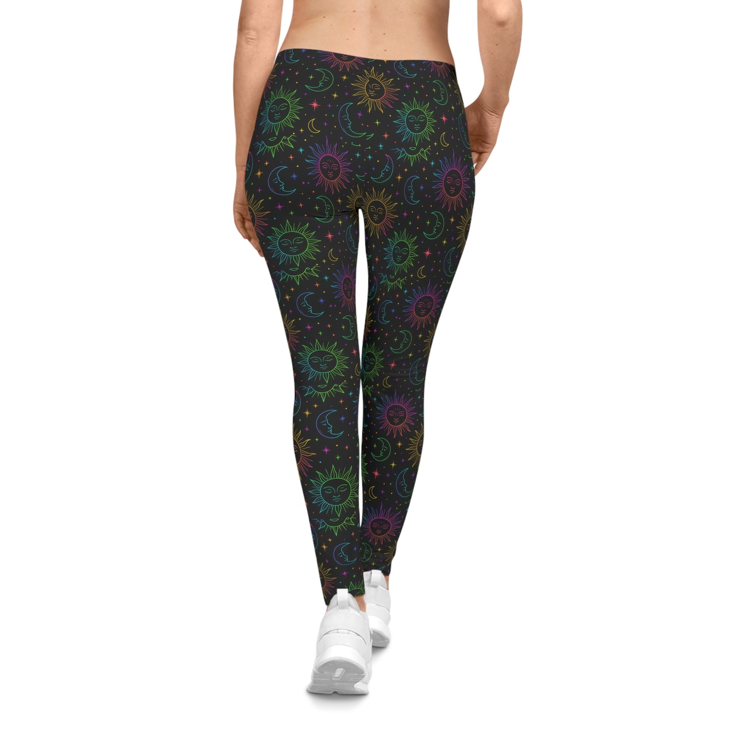 Celestial Sun & Moon Pattern Leggings — Rainbow Cosmic Print