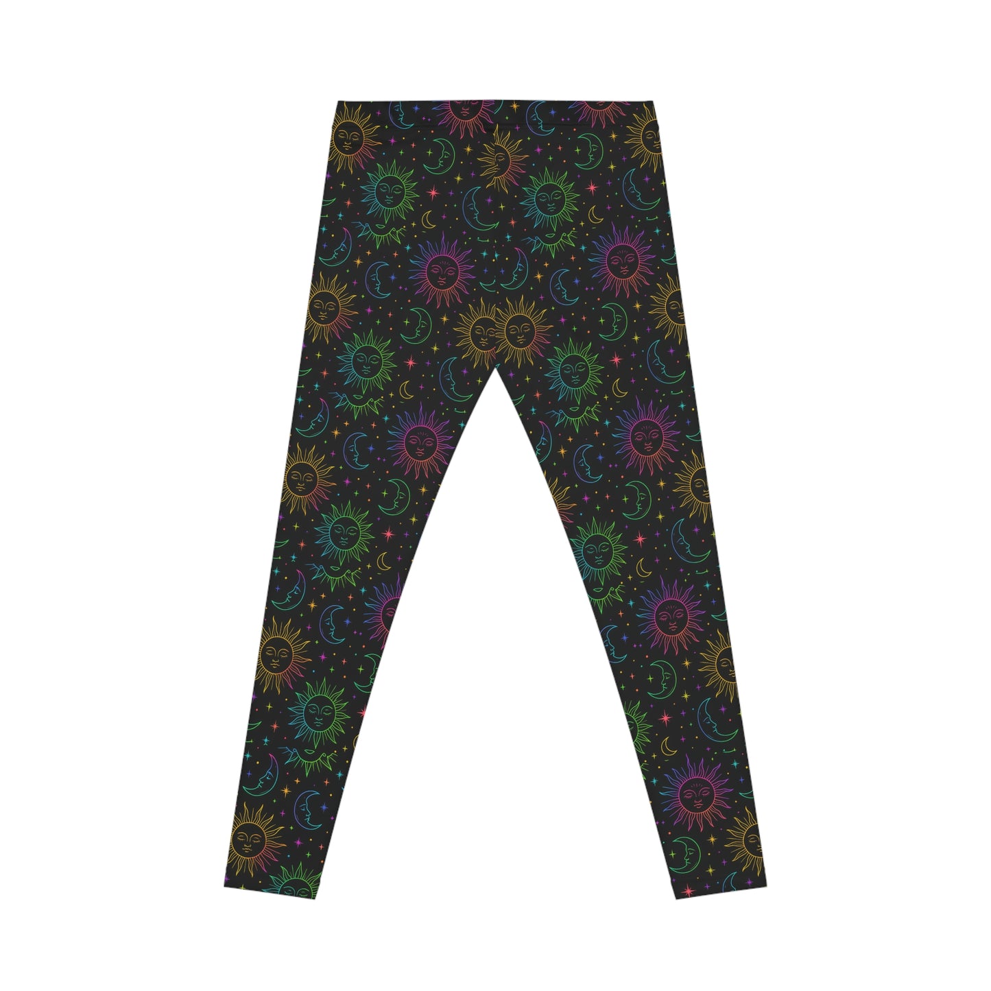 Celestial Sun & Moon Pattern Leggings — Rainbow Cosmic Print