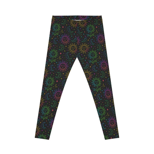 Celestial Sun & Moon Pattern Leggings — Rainbow Cosmic Print