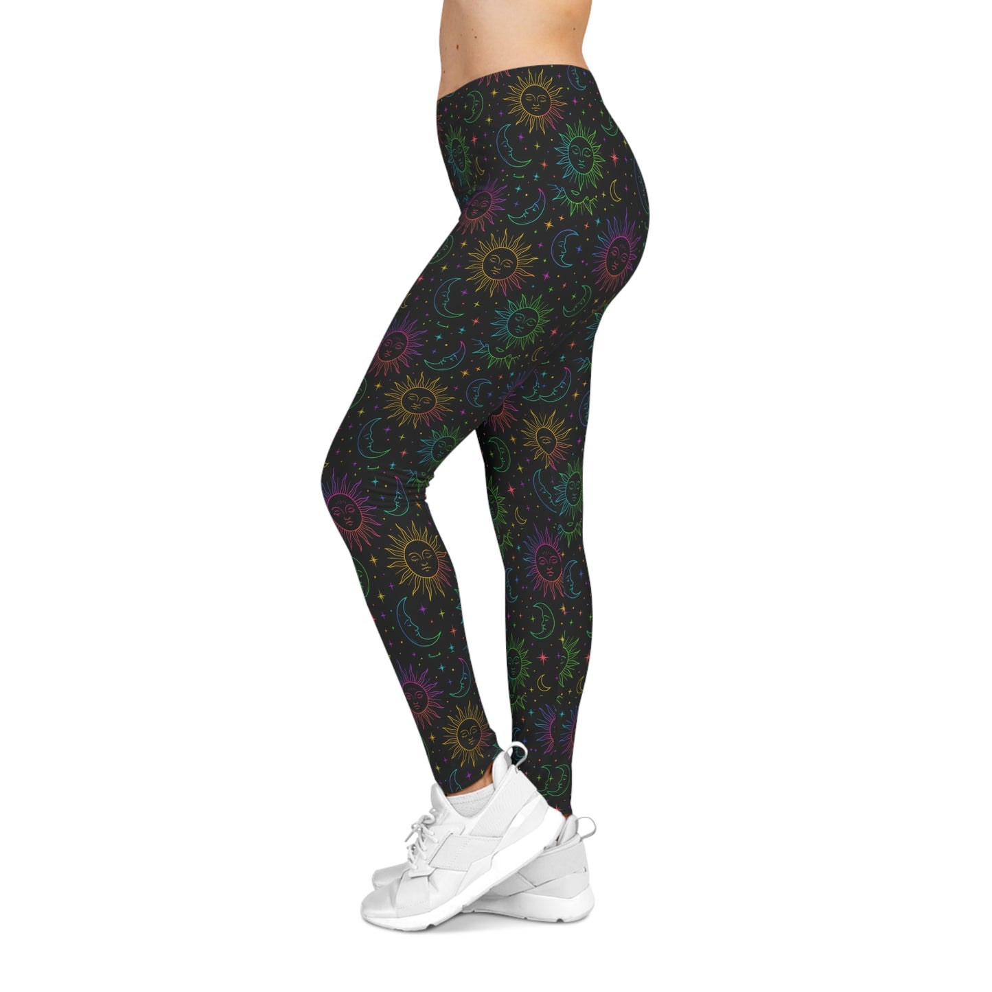 Celestial Sun & Moon Pattern Leggings — Rainbow Cosmic Print